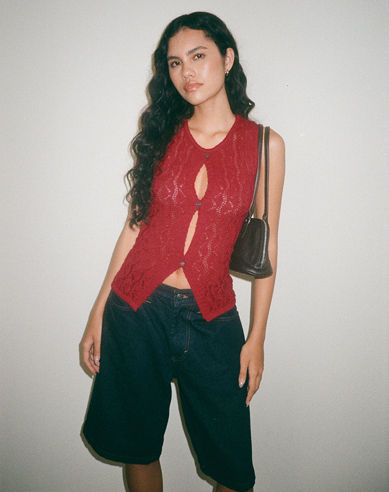 Birama Button Tank Top in Knit Red