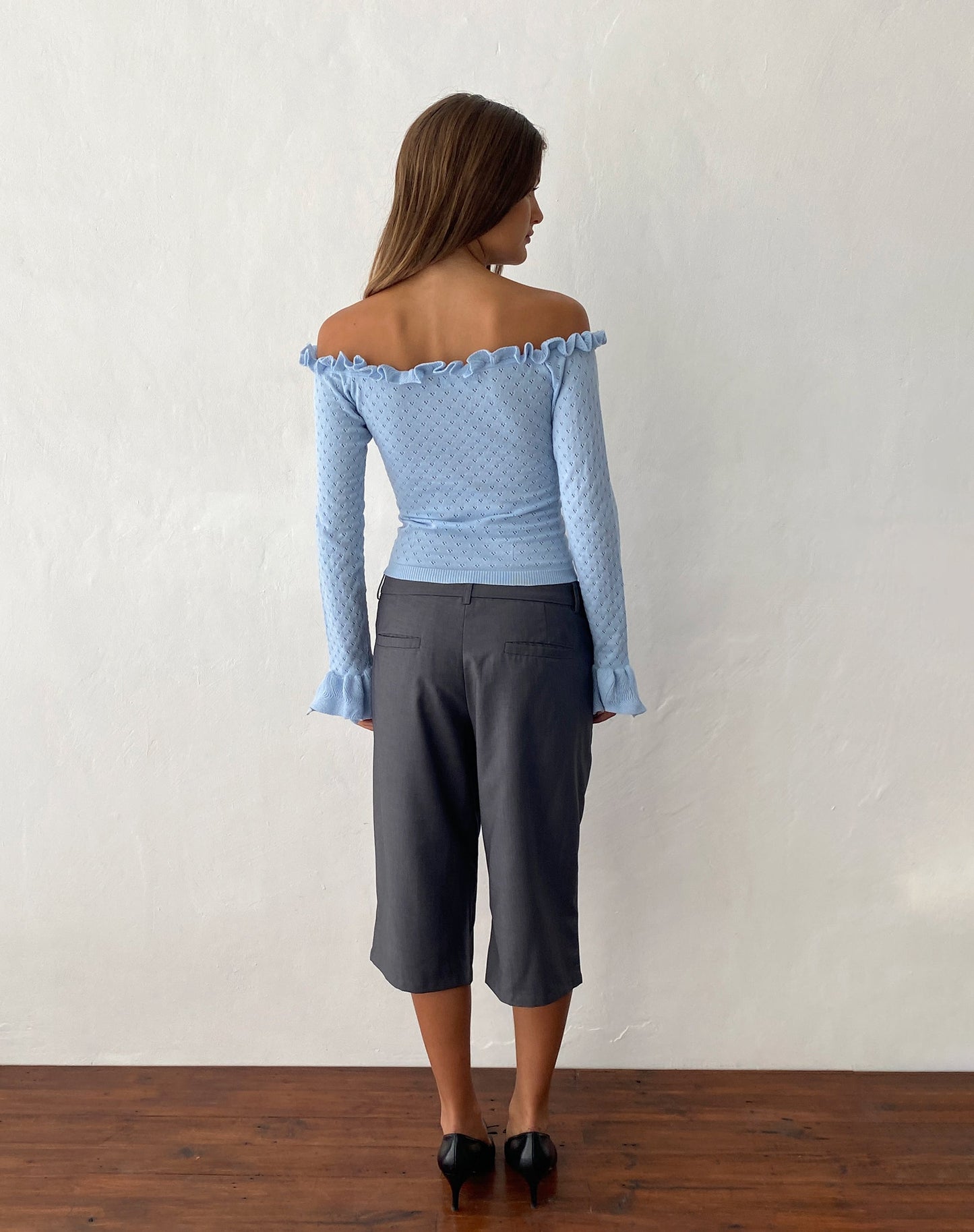 Delaney Knitted Frill Bardot Top in Baby Blue