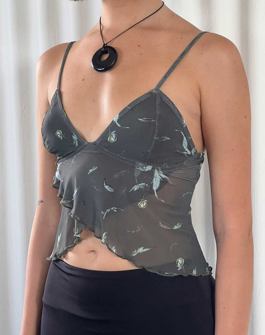 Cojira Mesh Butterfly Top in Floral Khaki Silhouette