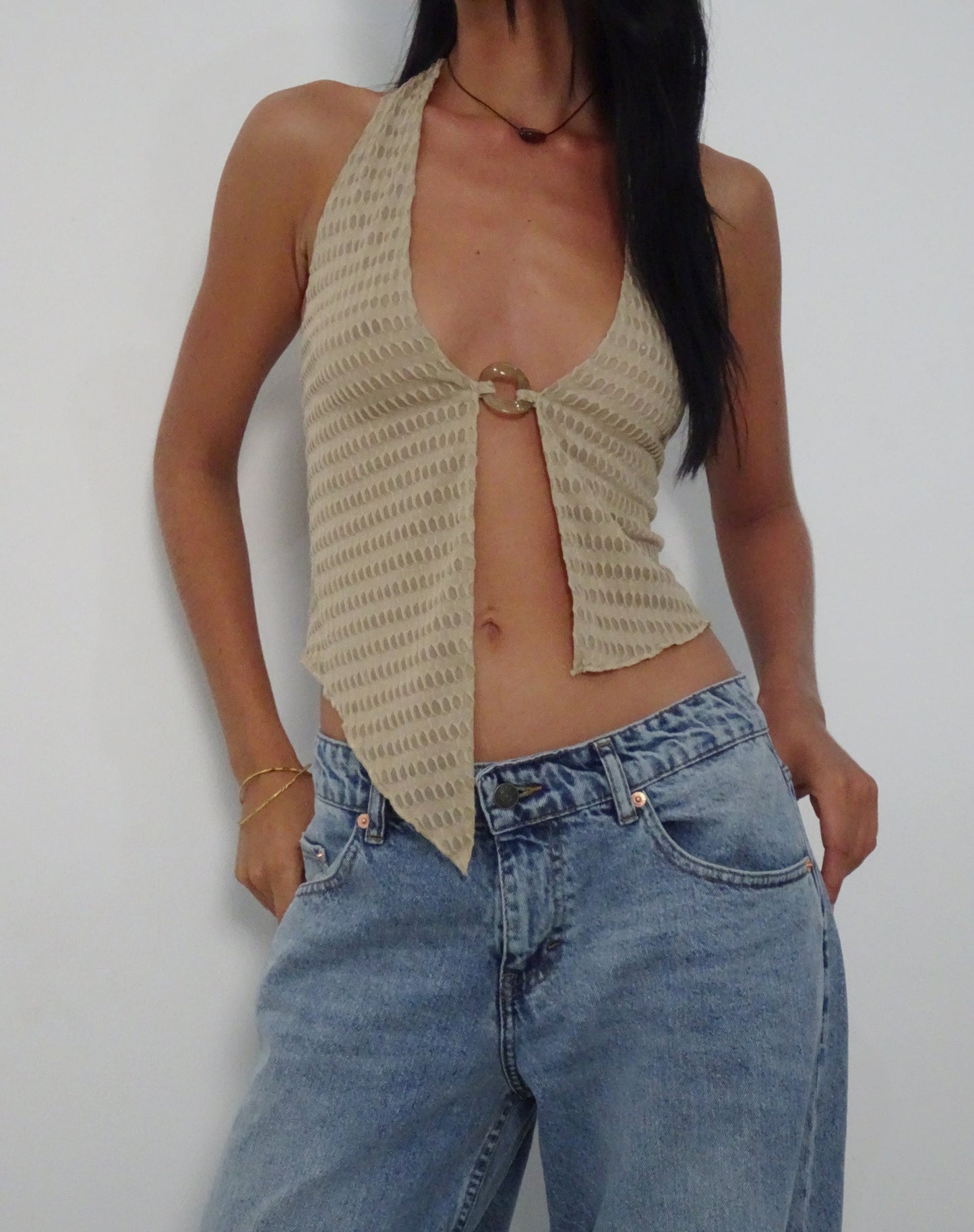 KACIE HALTER TOP 3D WAFFLE KNIT OAT