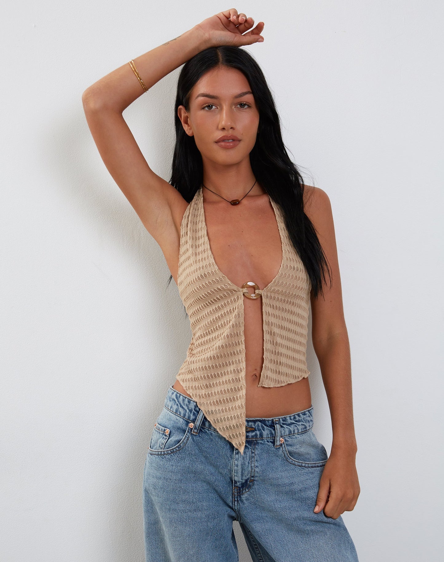 KACIE HALTER TOP 3D WAFFLE KNIT OAT