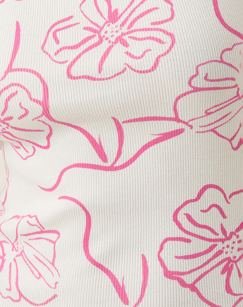 Leen Tank Top in White with Pink Hibiscus Doodle Print