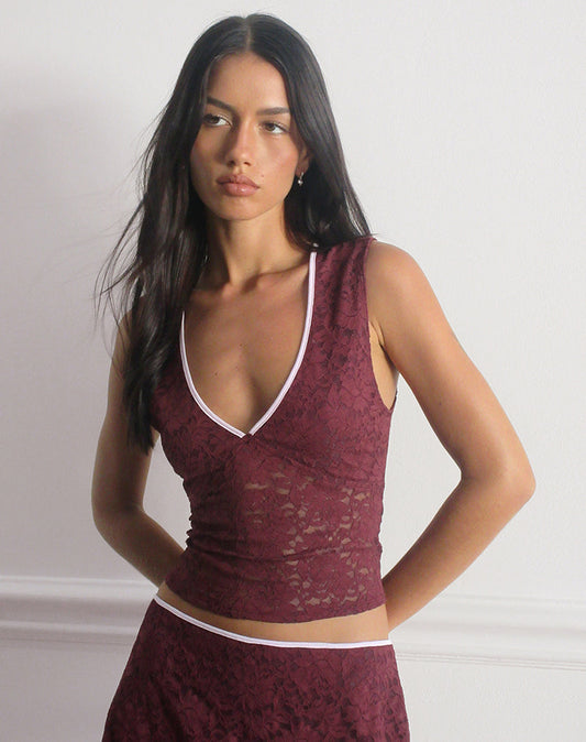 Lihat Top in Lace Burgundy with Pink Binding