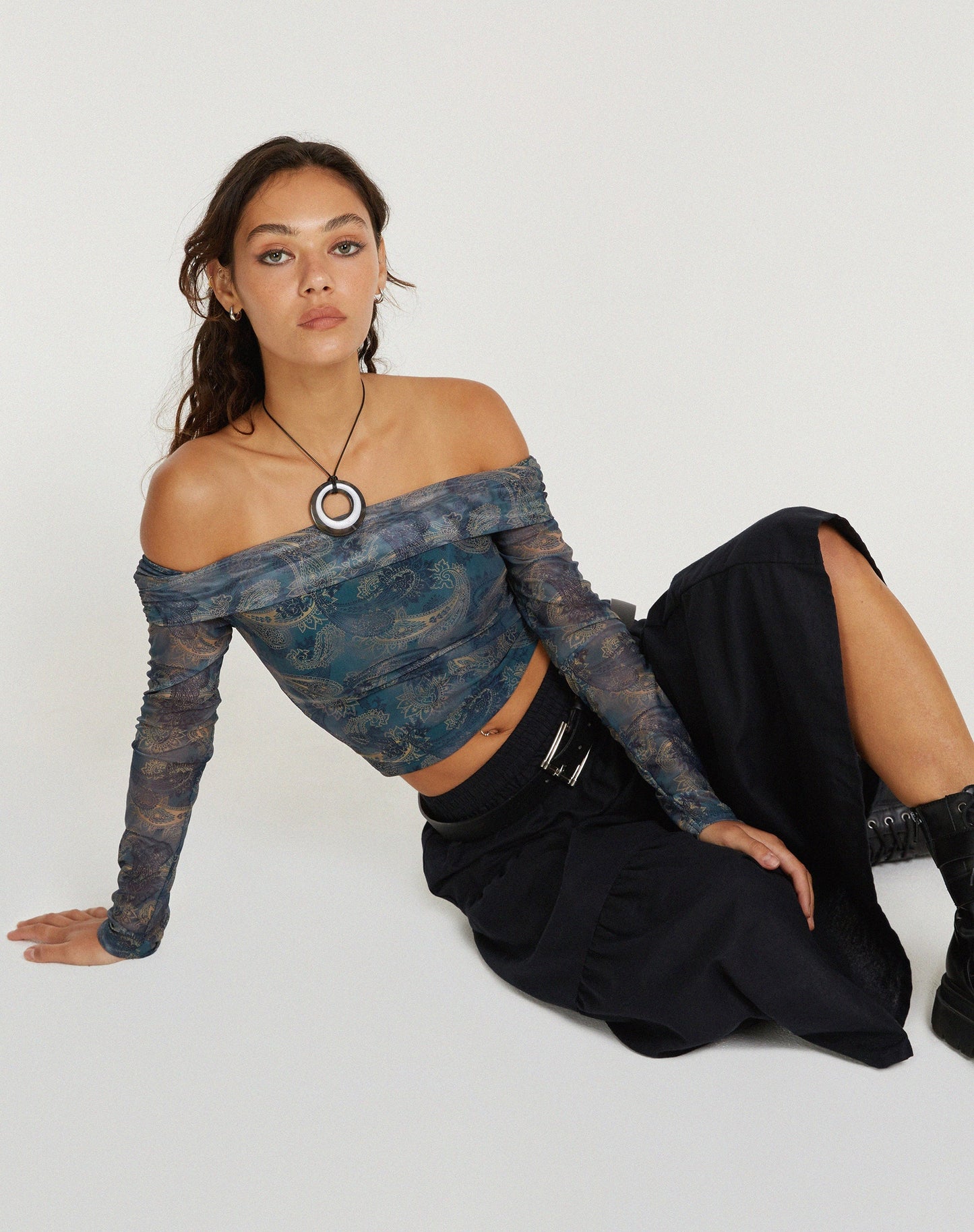 Nagini Long Sleeve Bardot Top in Tonal Blue Paisley