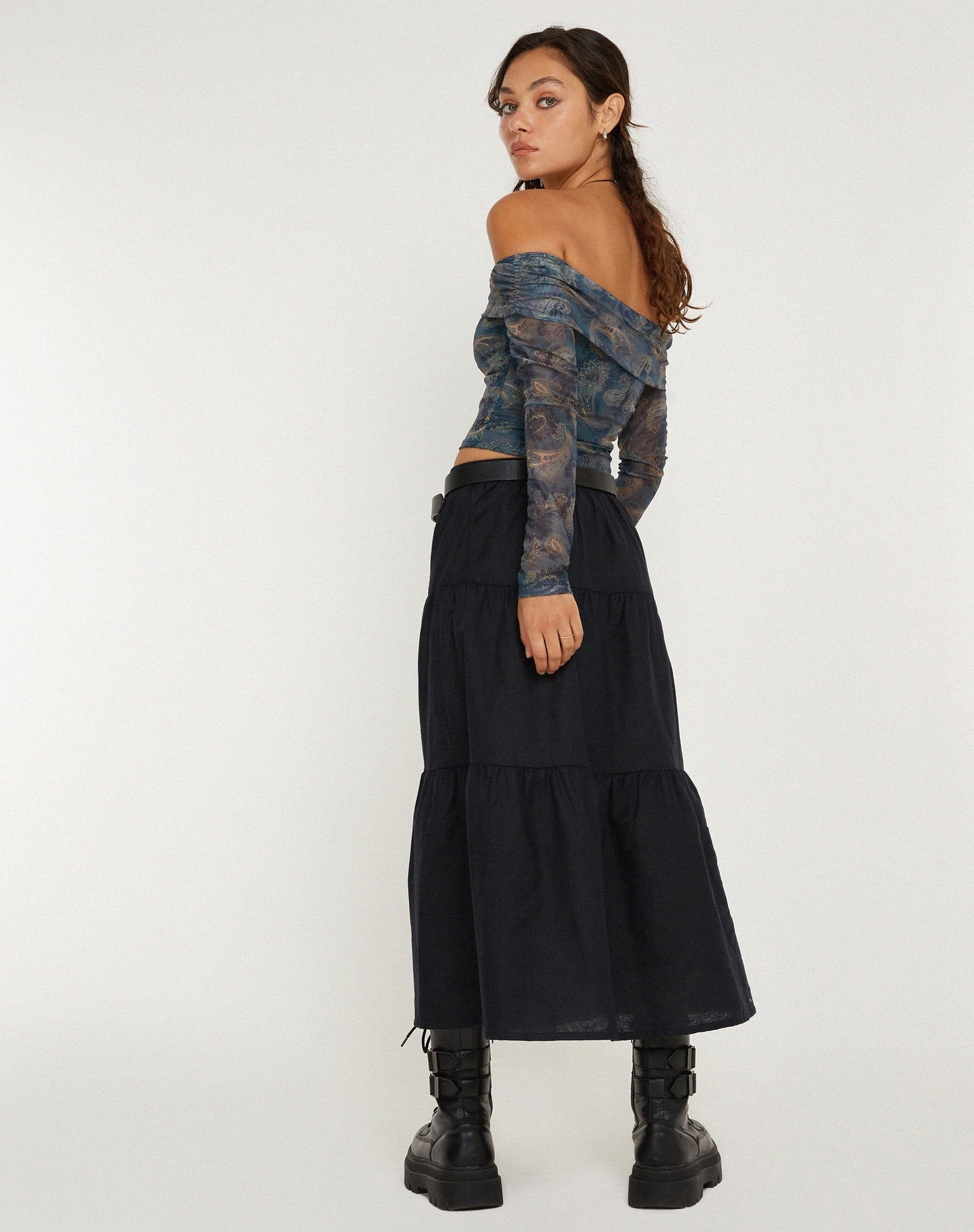 Nagini Long Sleeve Bardot Top in Tonal Blue Paisley