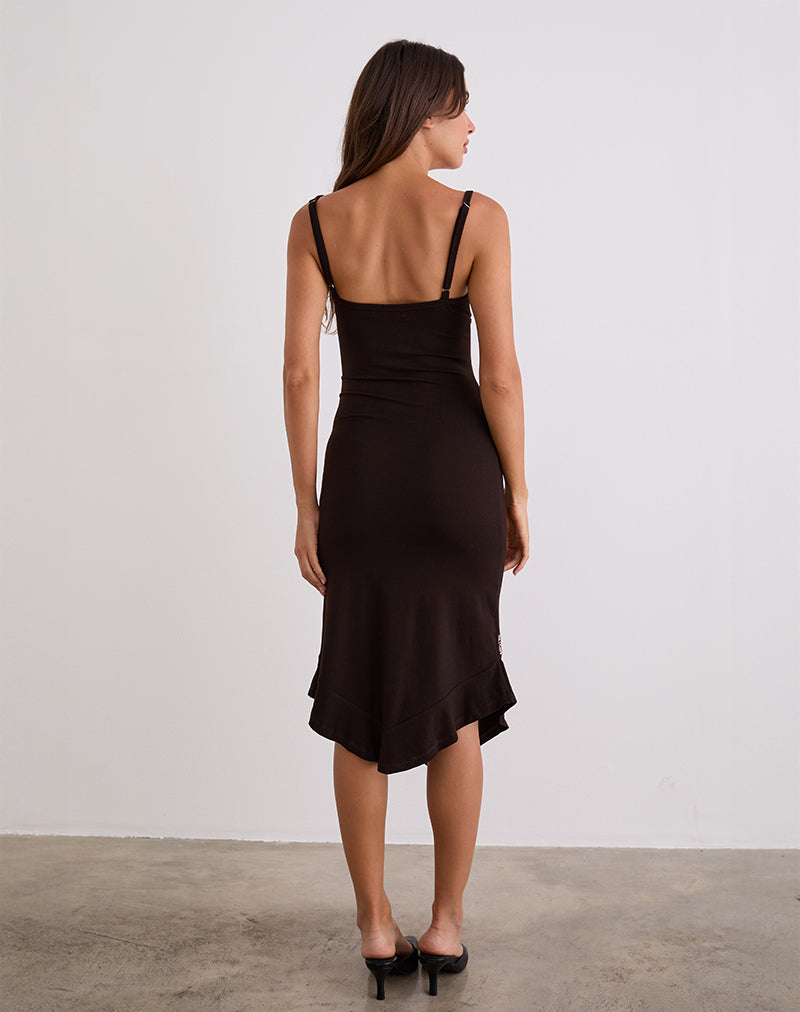 Quelin Midi Dress in Chocolate Brown with Rose Embroidery