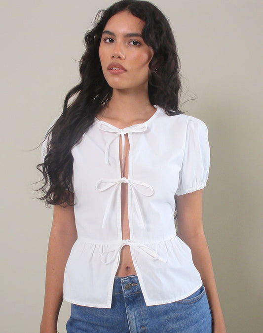 Ryota Tie Front Blouse in White with White Binding