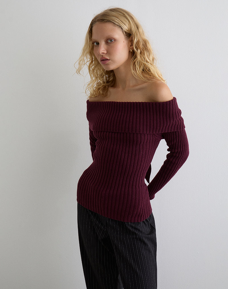 Saskia Bardot Bow Back Top in Dark Cherry