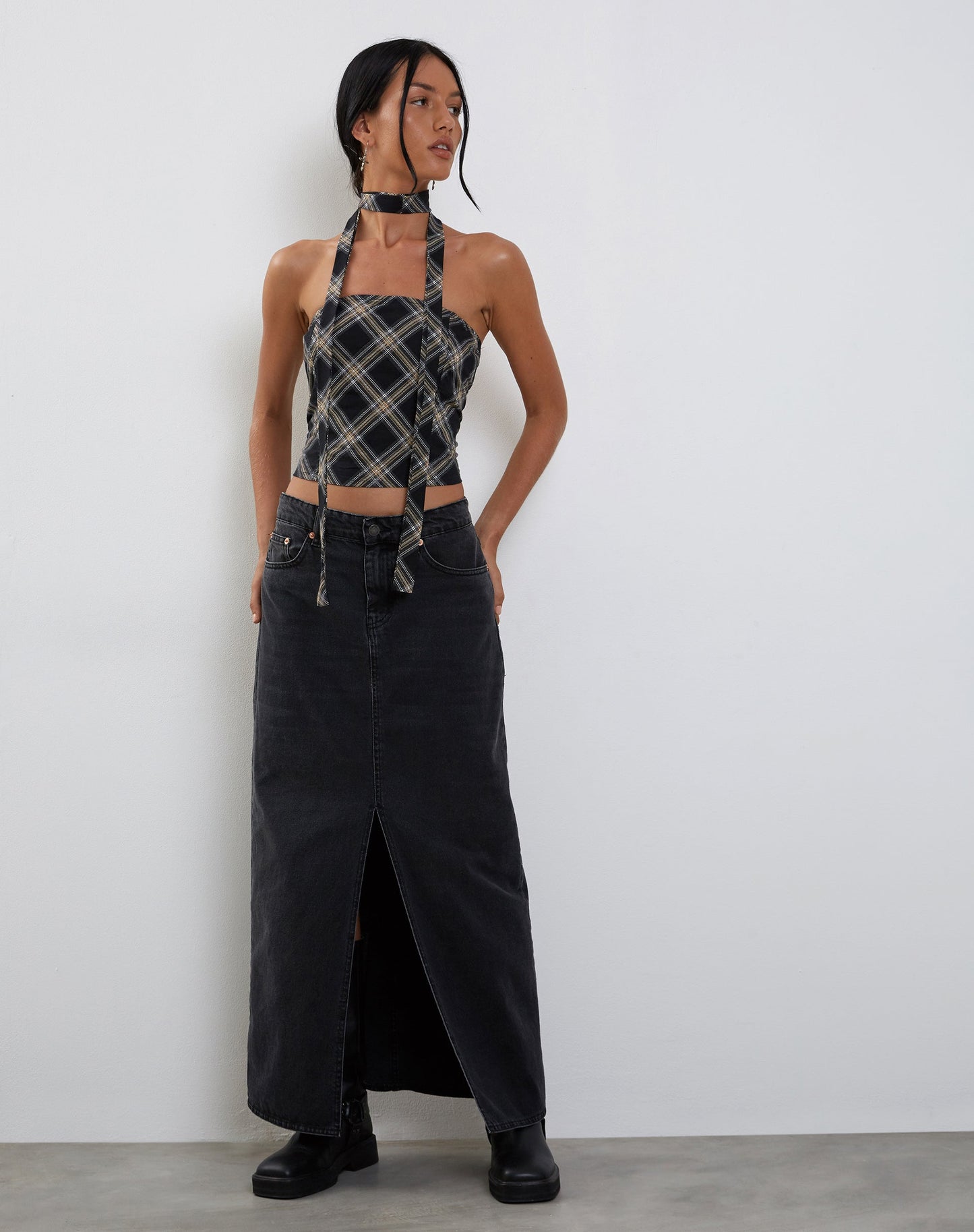 Shaloe Bandeau Top and Scarf Set in Black and Grey Check