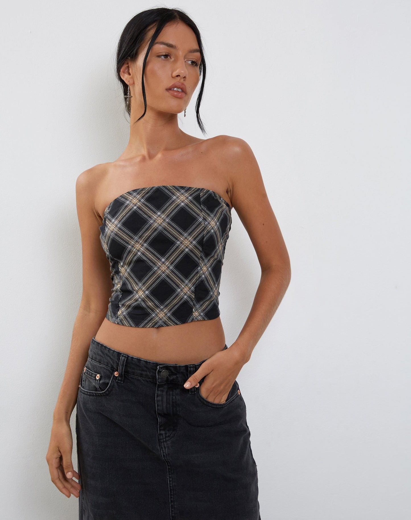 Shaloe Bandeau Top and Scarf Set in Black and Grey Check