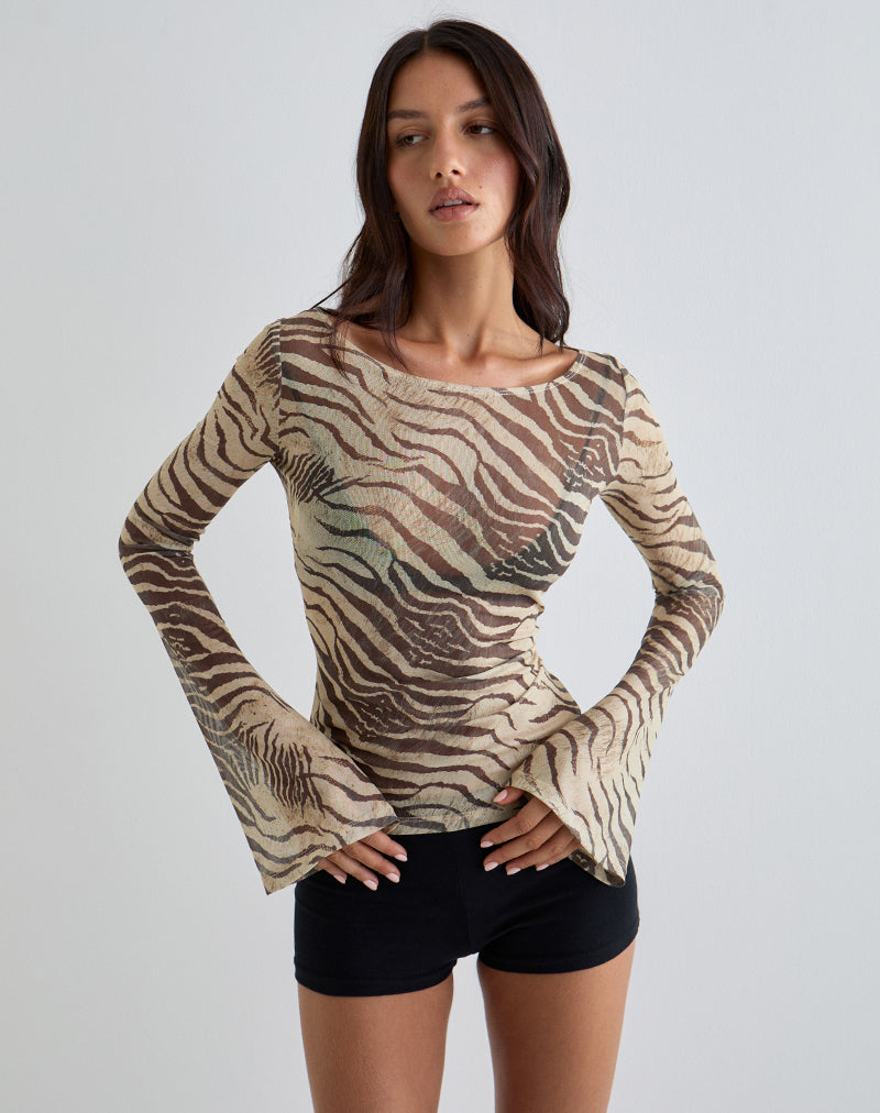 Tineko Off Shoulder Long Sleeve Top in Wild Animal Neutral