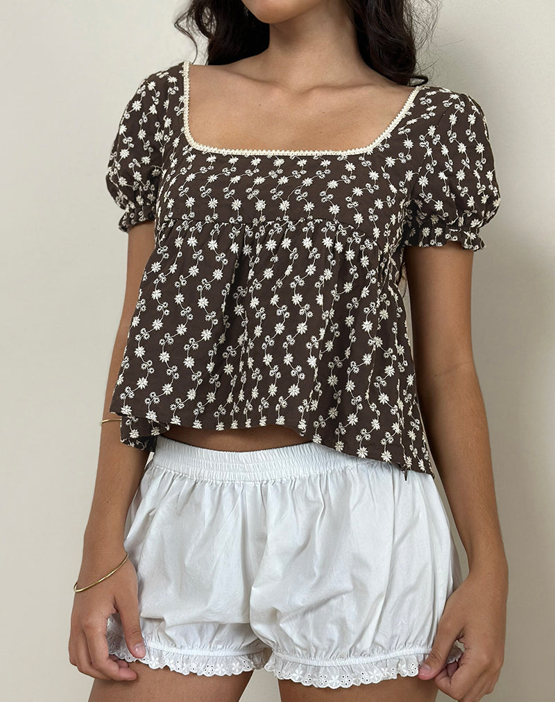 Axoni Square Neck Blouse in Floral Broderie Brown