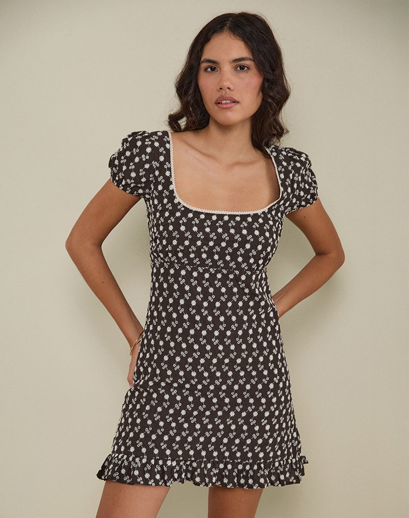 Bella Mini Tea Dress in Floral Broderie Brown