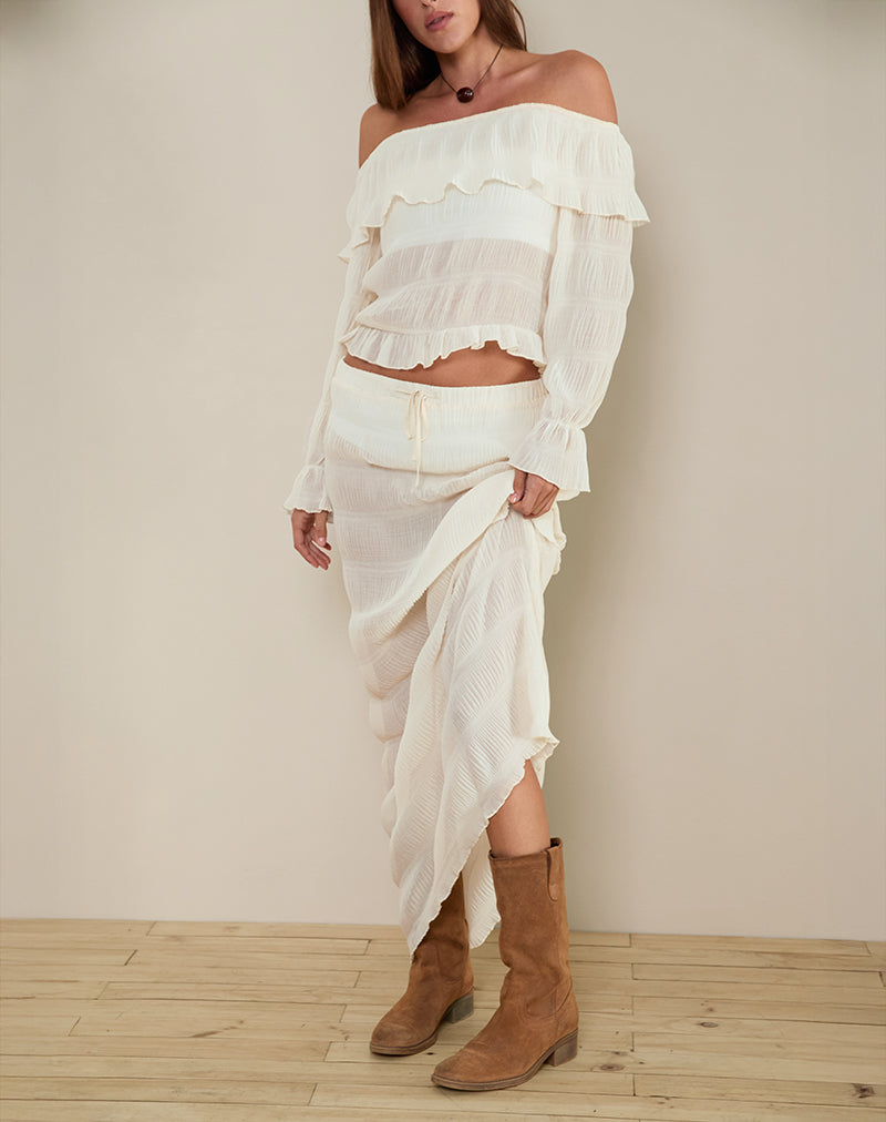 Kalena Long Sleeve Bardot Top in Chiffon Plisse Ivory