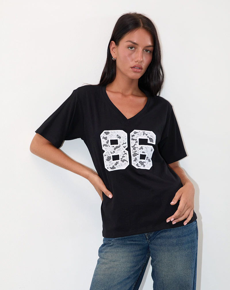Blaine Oversized Tee in Black with 86 White Lace Embroidery