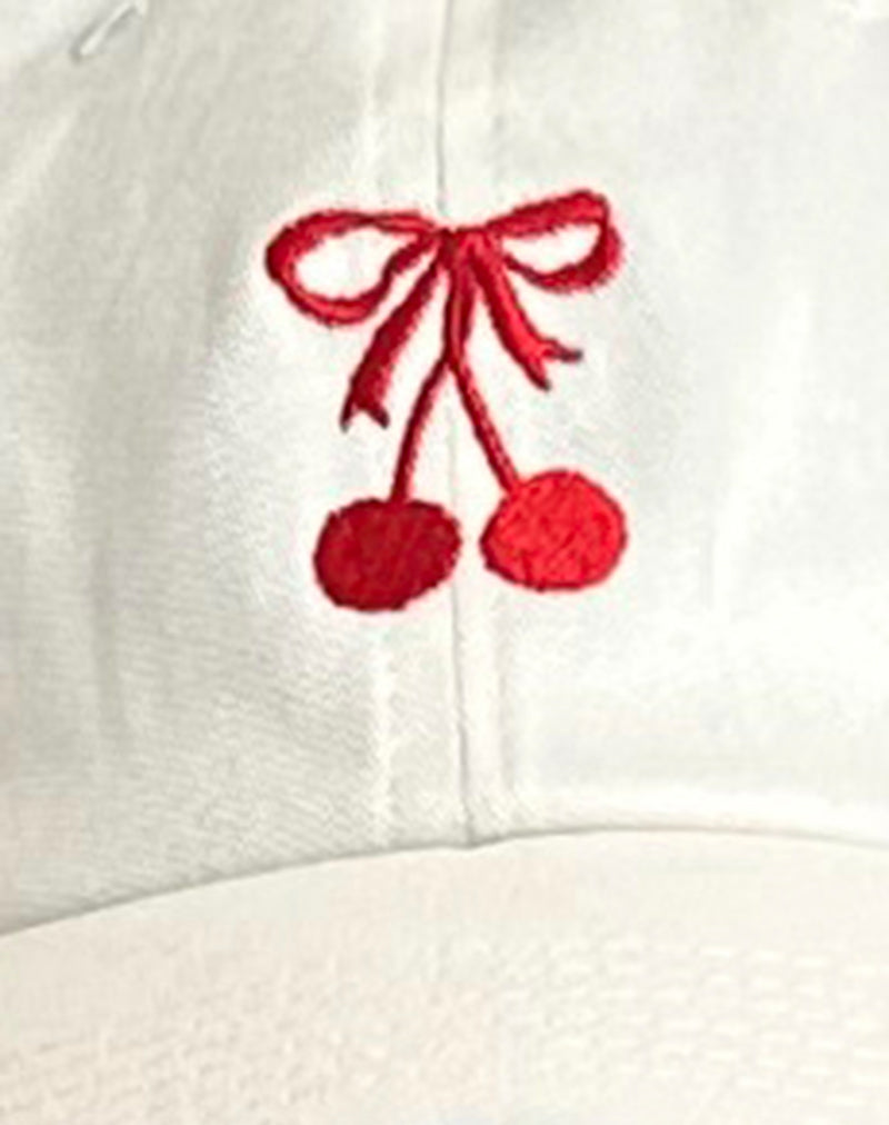 White Cap with Red Cherry Embroidery