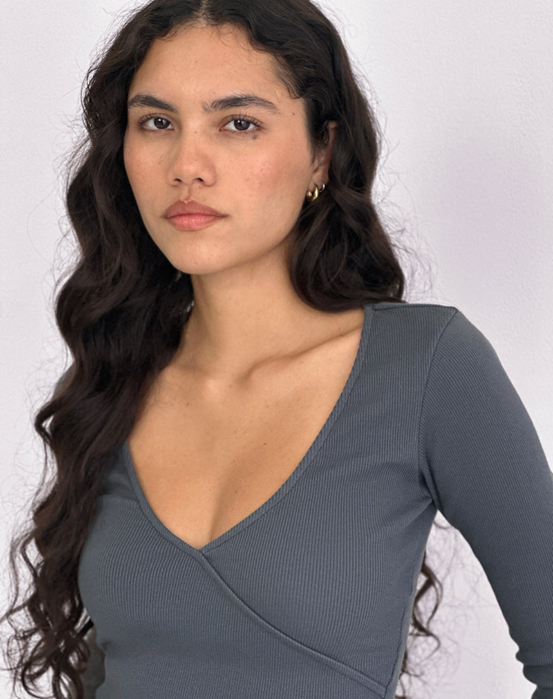 Dulcet Ribbed Plunge Long Sleeve Top in Blue Granite