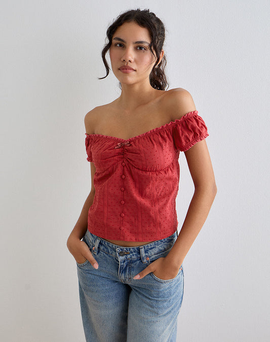 Fayra Bardot Corset Top in Dobby Red