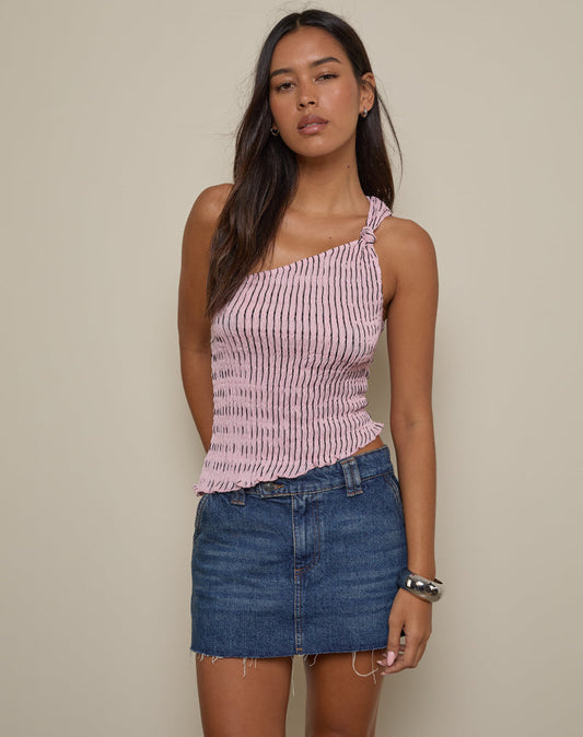 Idari One Shoulder Top in Stripe Textured Mesh Soft Pink