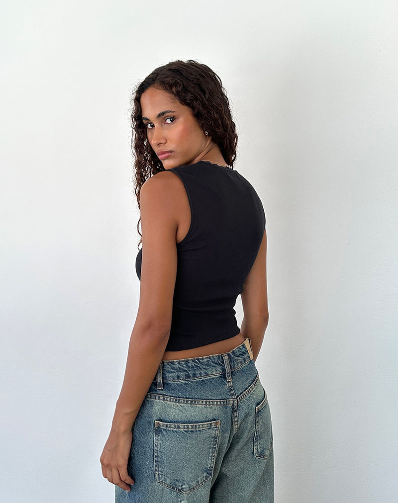 Jinila Top in Black with Lace Trim and Bow