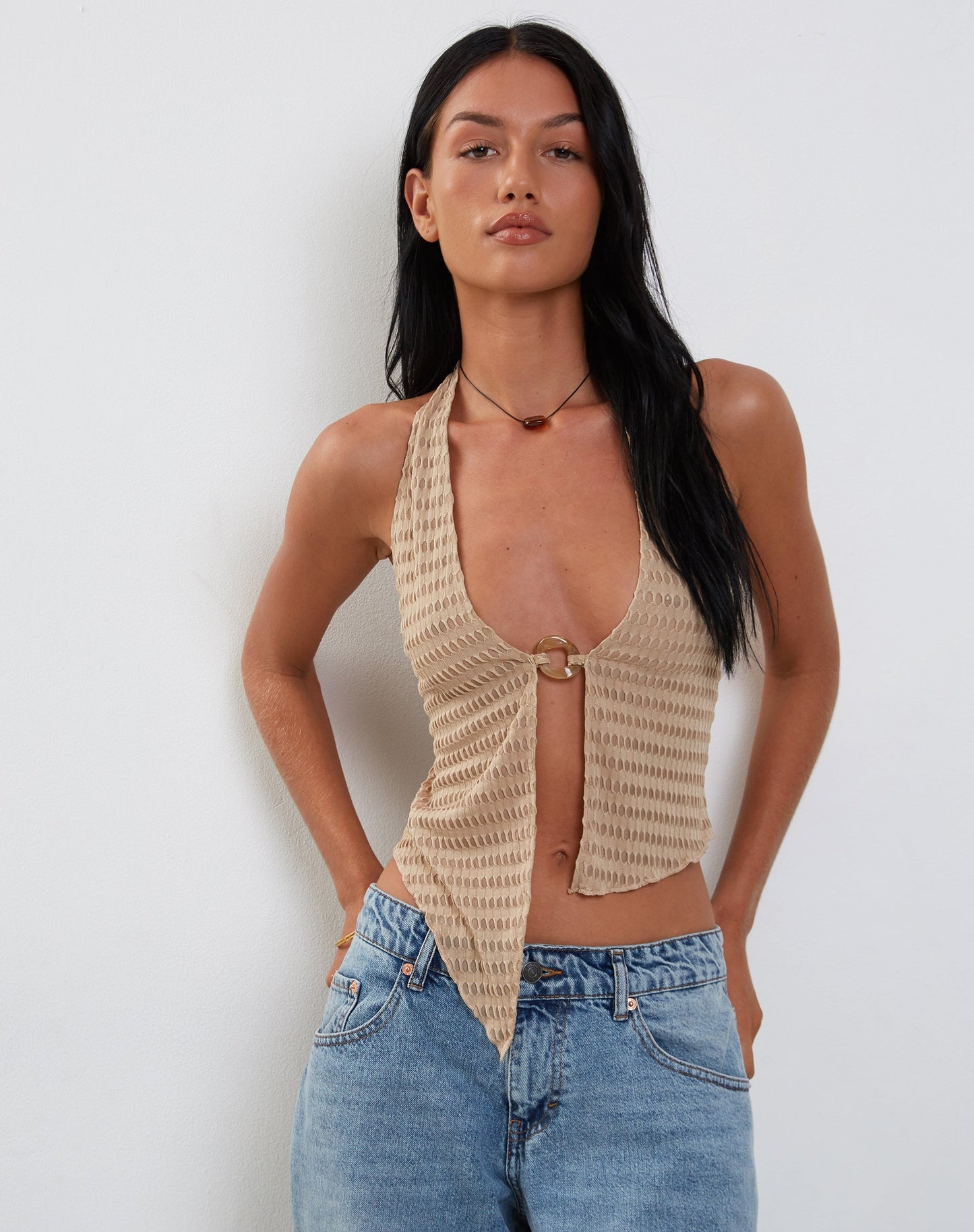 KACIE HALTER TOP 3D WAFFLE KNIT OAT
