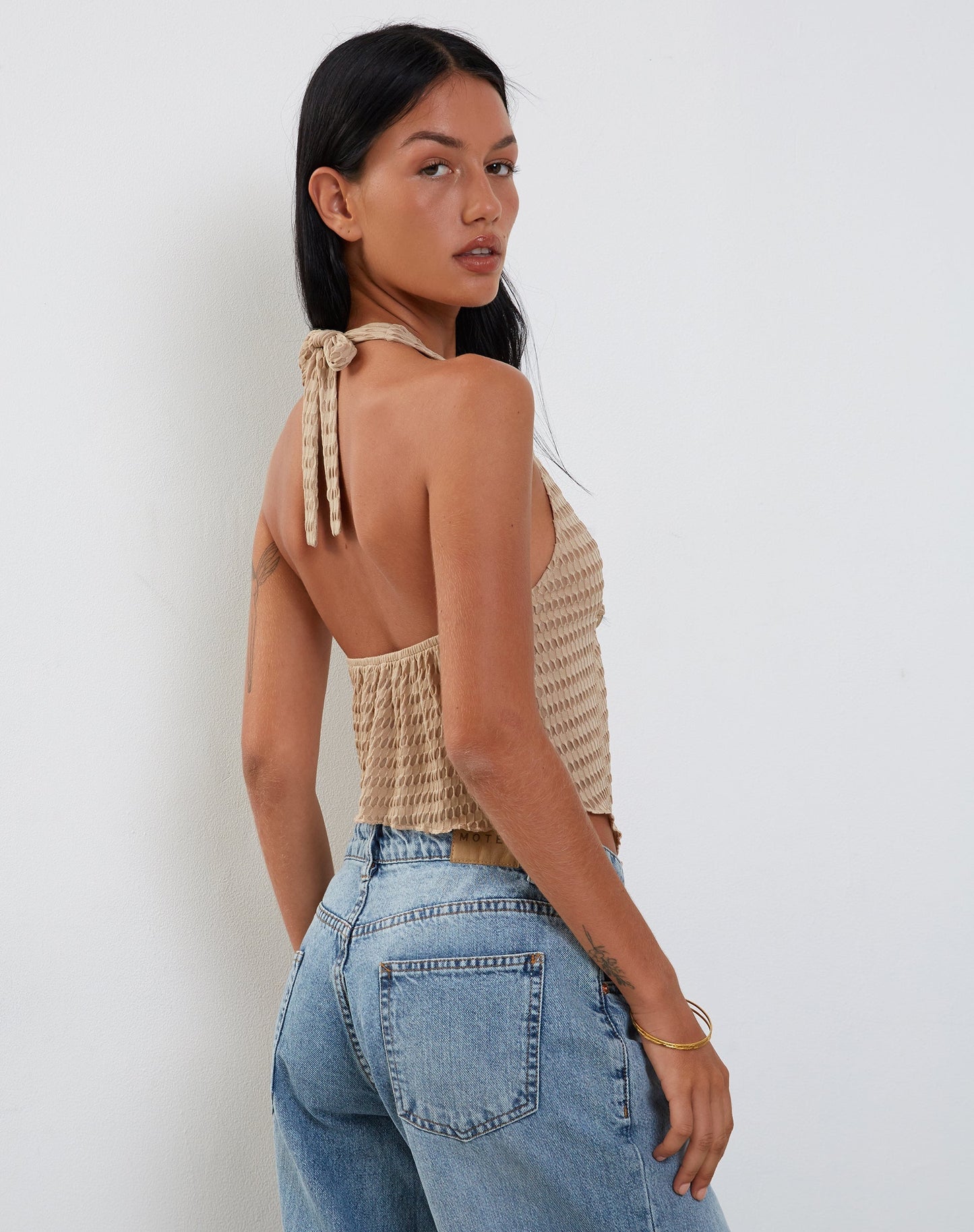 KACIE HALTER TOP 3D WAFFLE KNIT OAT