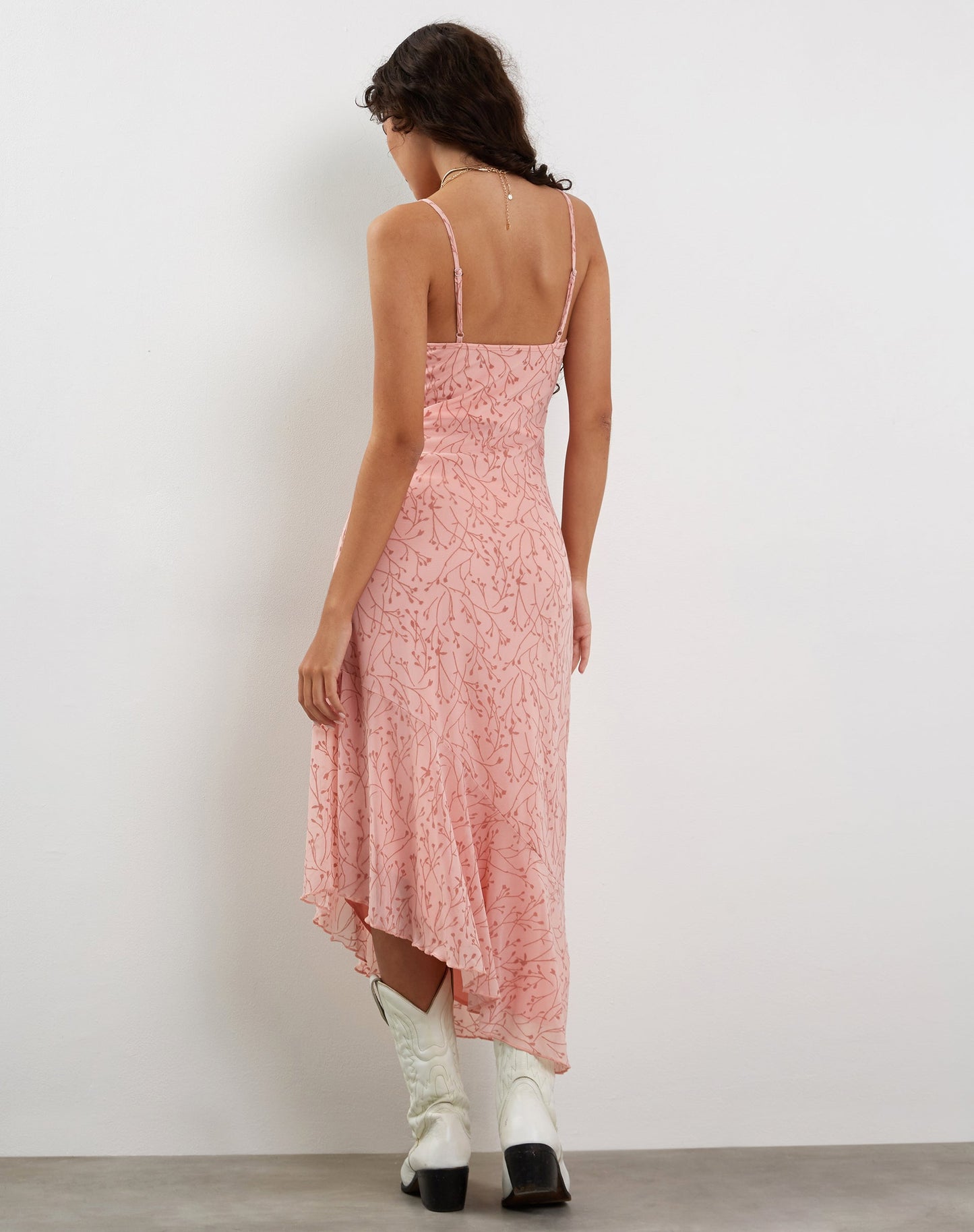 Kavala Asymmetric Midi Dress in Shadow Floral Pink
