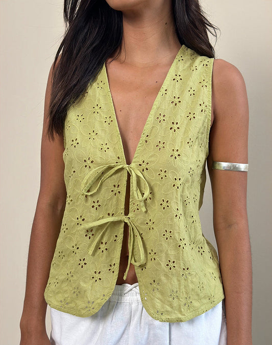 Kayve Tie-Front Top in Little Daisy Broderie Lime