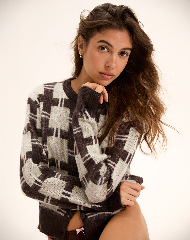 Anzio Knitted Cardigan in Check Brown