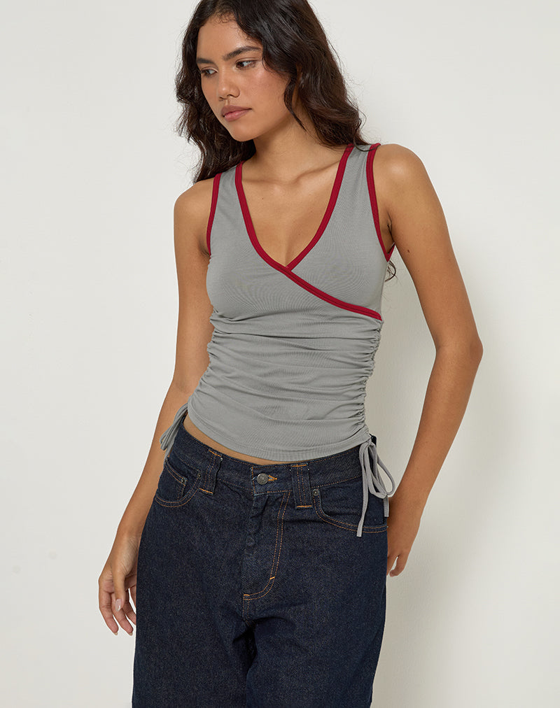Laird Wrap Top in Grey with Adrenaline Red Binding