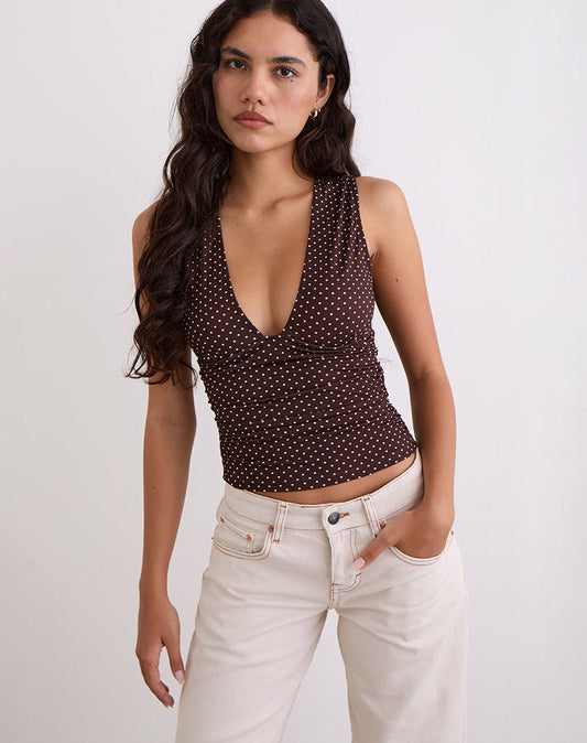 Lycia Plunge Top in Micro Polka Brown