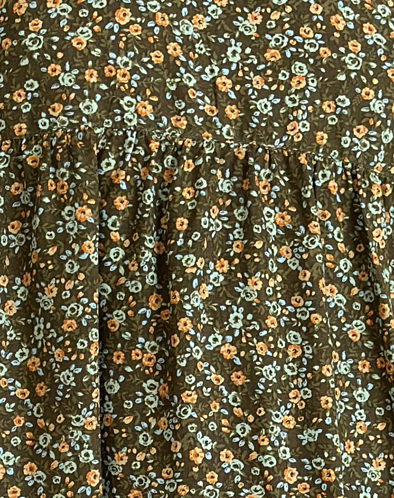 Marate Puff Sleeve Mini Dress in Grunge Floral Khaki