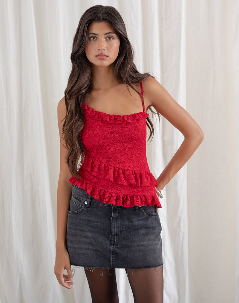 Octavia Asymmetric Cami Top in Lace Red
