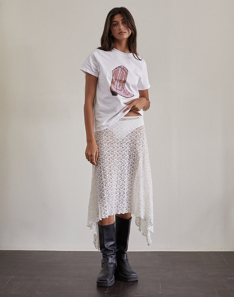 Saki Tee in White with Pink Cowboy Boot Print