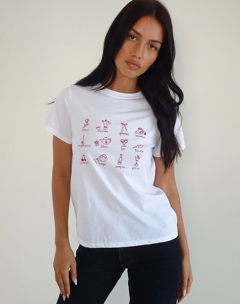 Saki Tee in White with Red Star Signs Print