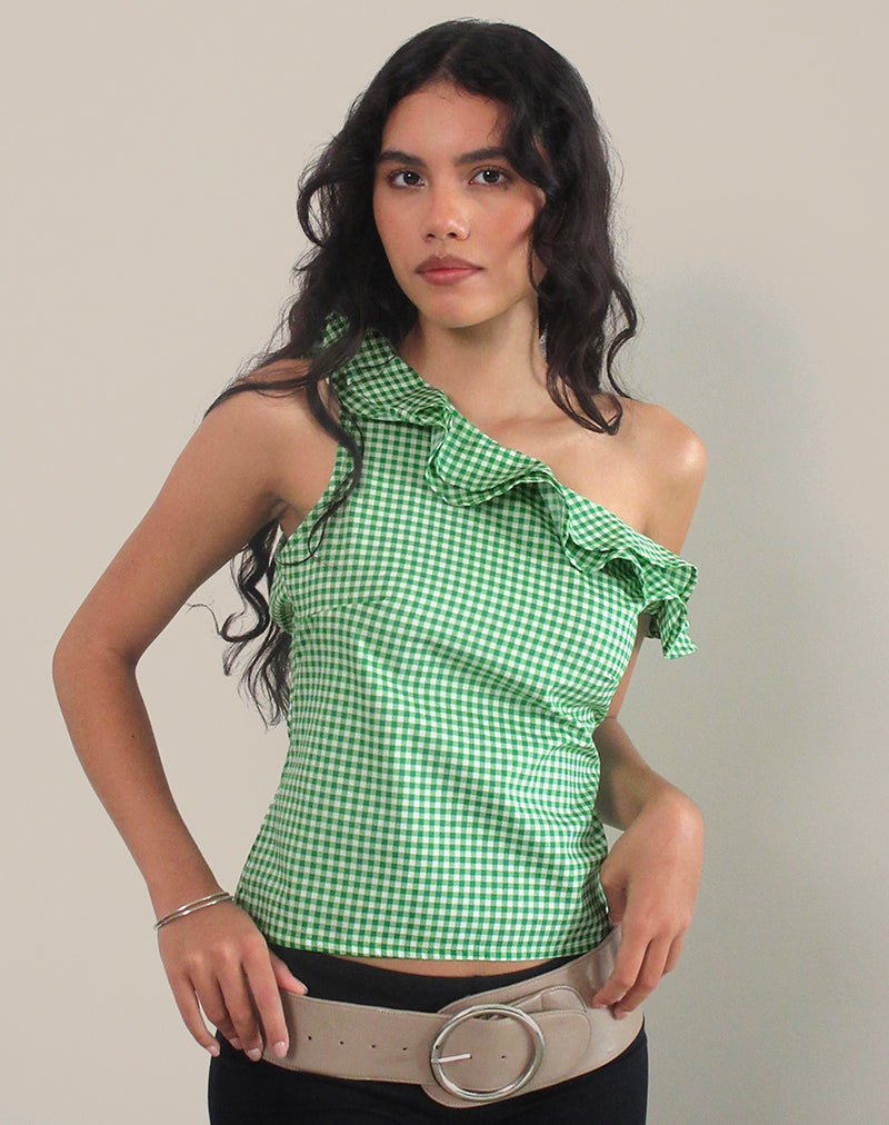 Sanamu Frill Top in Mini Gingham Green