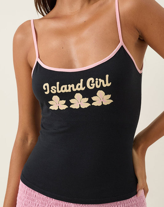 Solani Cami Top in Black with Baby Pink Binding and Island Girl Print