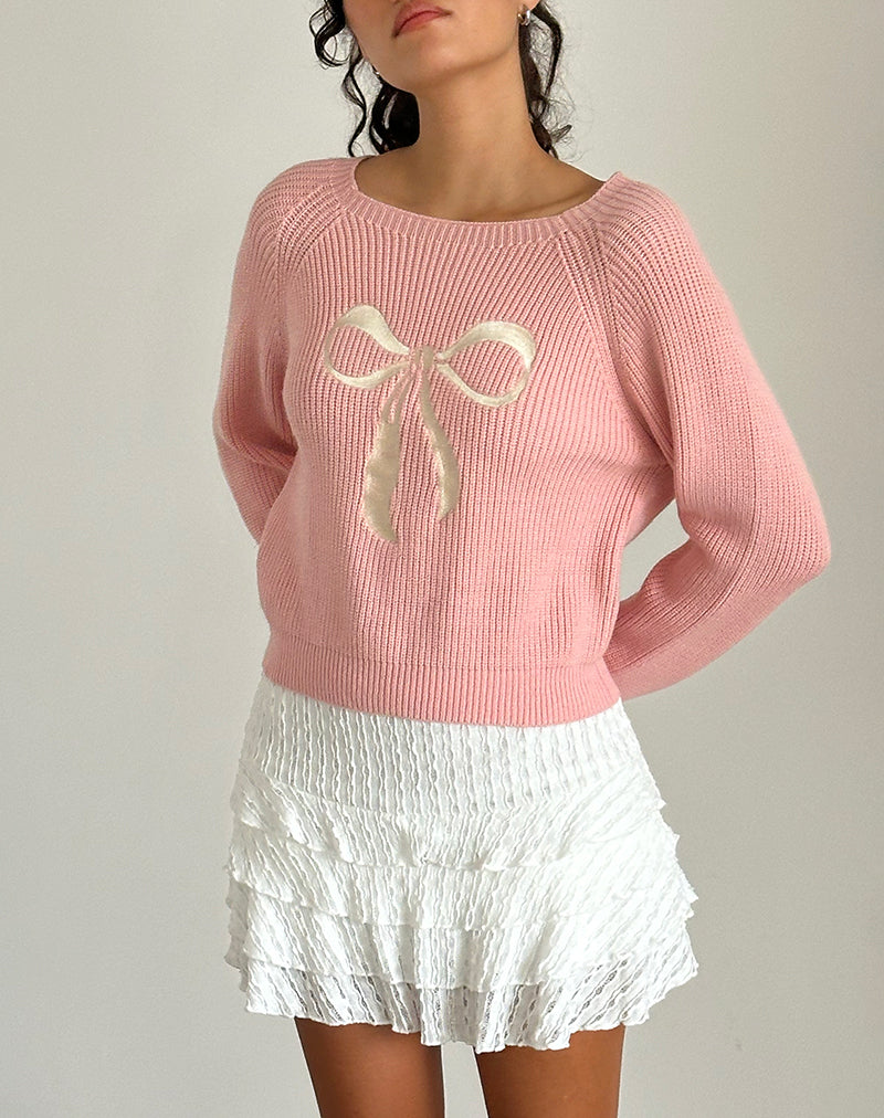 Tami Jumper in Knit Pink with White Bow Embroidery