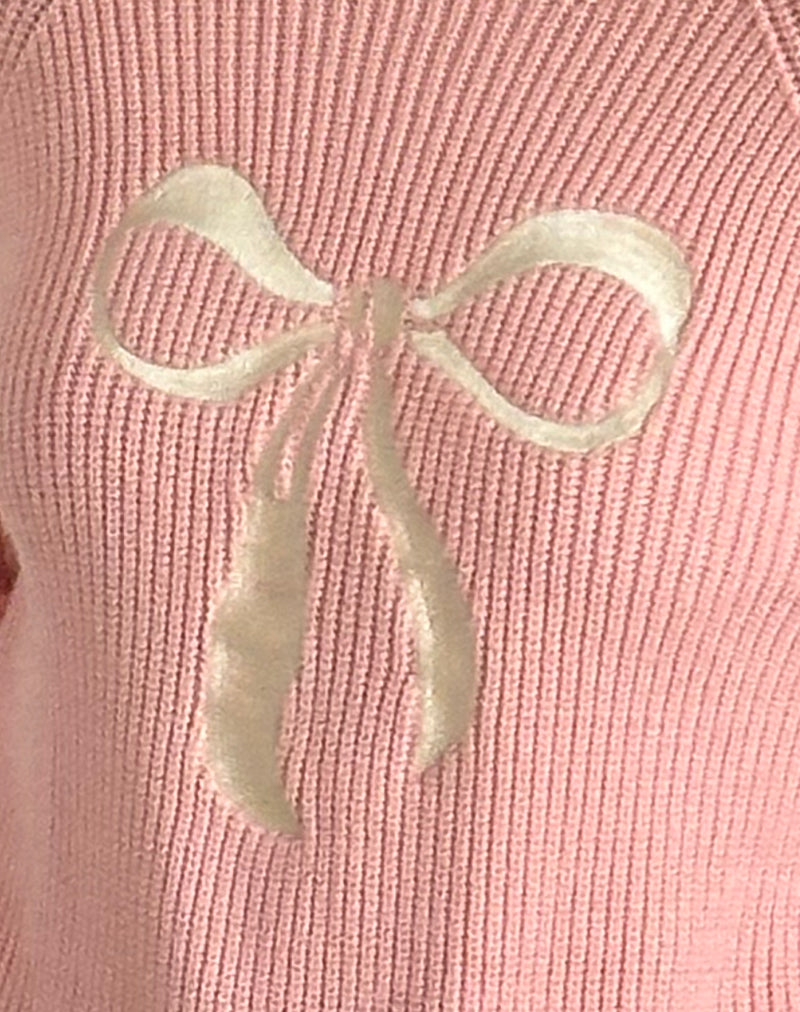 Tami Jumper in Knit Pink with White Bow Embroidery