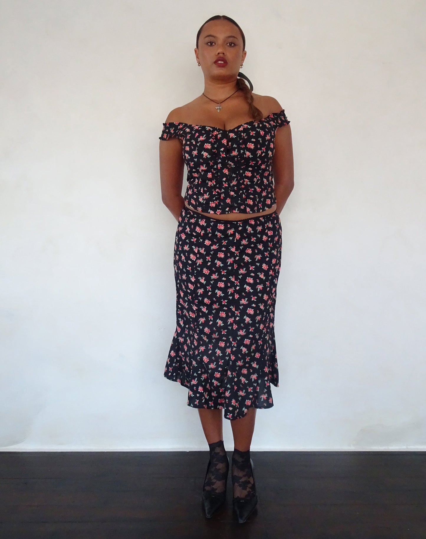 Uhuy Bardot Crop Top in Flowing Rose Black