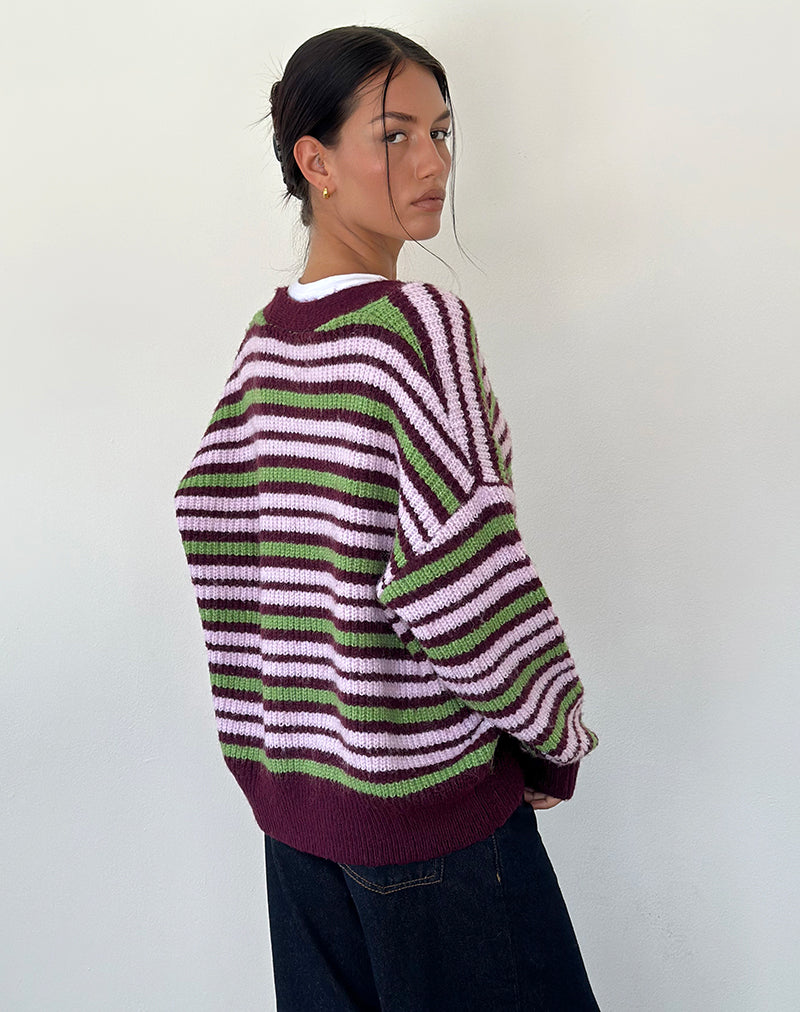 Uriela Cardigan in Green Pink and Burgundy Stripes